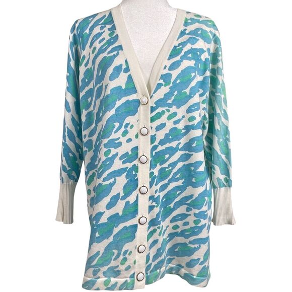 NWT Bob Mackie Wearable Art Cardigan Sweater Size Large Blue Green Animal Print - Picture 4 of 16